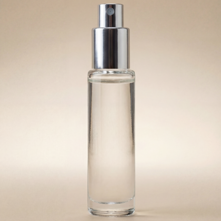 Clear glass spray bottle with silver nozzle on a beige background