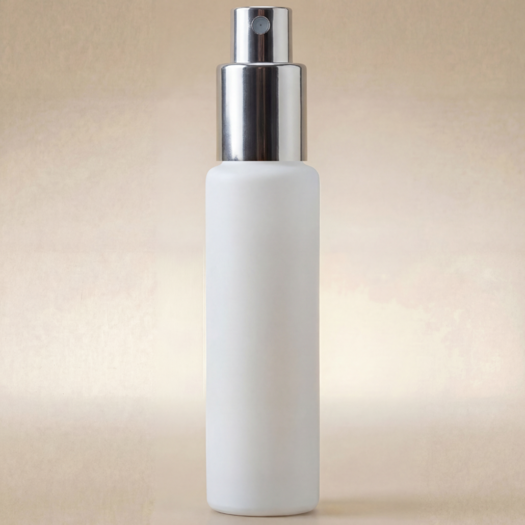 White spray bottle with silver nozzle on a beige background
