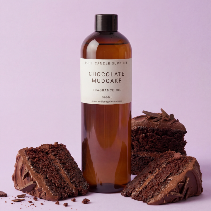 Chocolate mudcake slices surrounding a fragrance bottle with a purple background