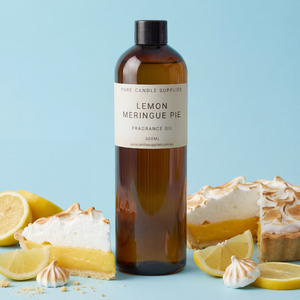Lemons, Meringue Pie on a sky-blue background with a fragrance bottle in the centre. 