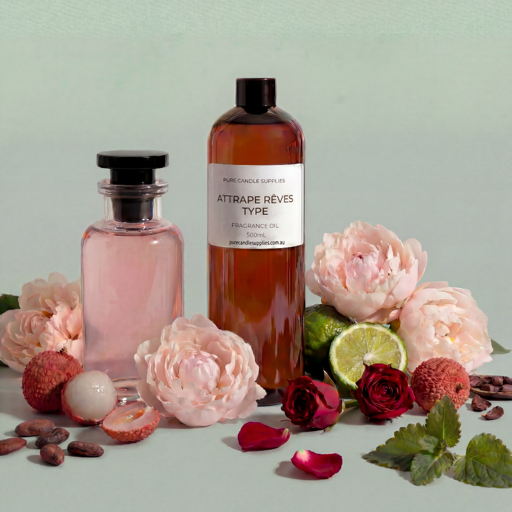 Two perfume bottles with flowers and fruits on a light green background