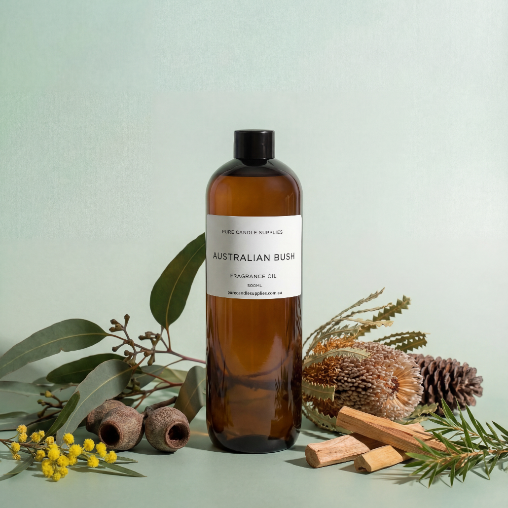 Bottle of Australian Bush fragrance oil with natural elements on a light green background