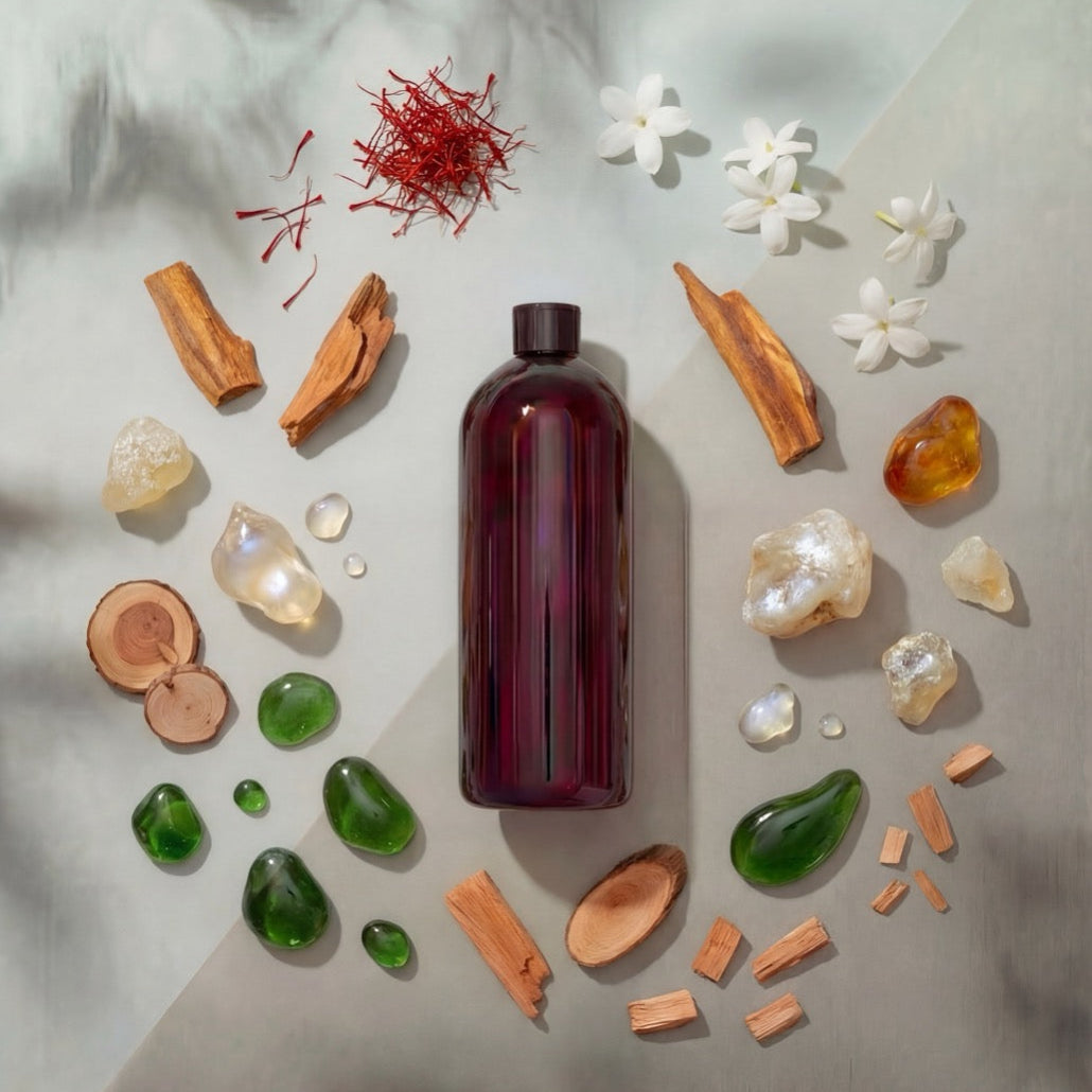 Red bottle surrounded by dried flowers, leaves, and stones on a light background