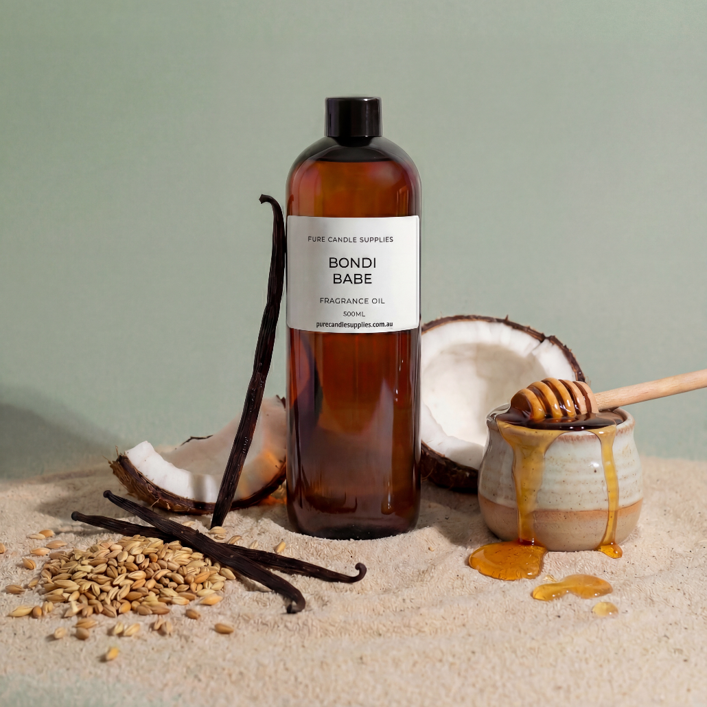 Brown bottle labeled 'Bondi Babe' with vanilla beans, coconut, and honey on a neutral background