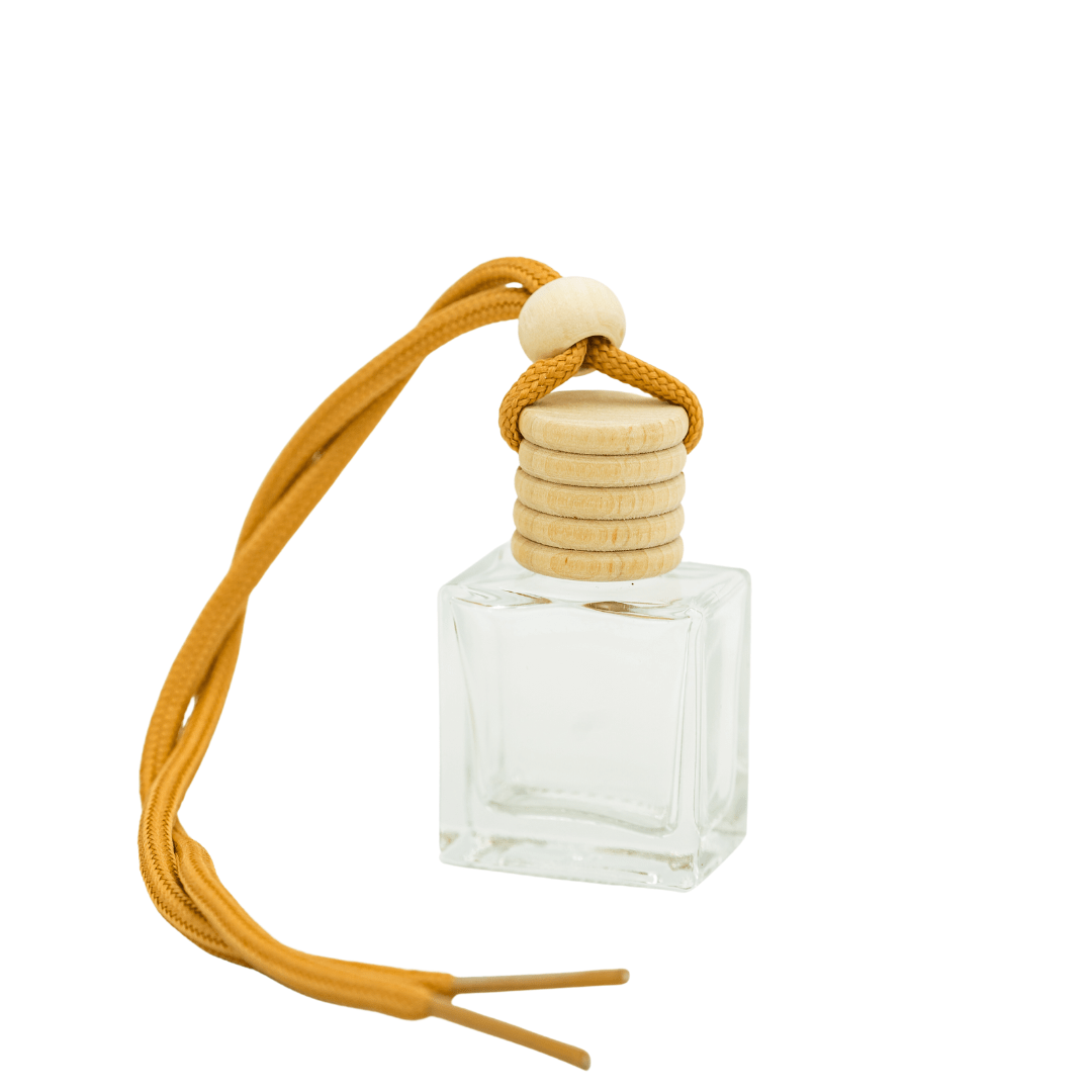 clear flat square glass base with wooden cap and natural rope