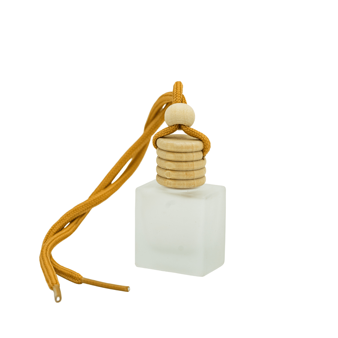 flat square frosted glass base with wooden cap and natural rope