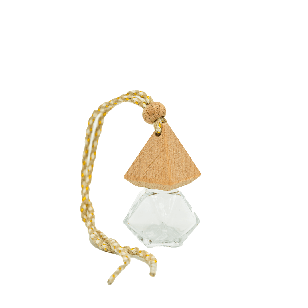 geometric glass base with triangle wooden cap and natural with gold fleck rope fastening