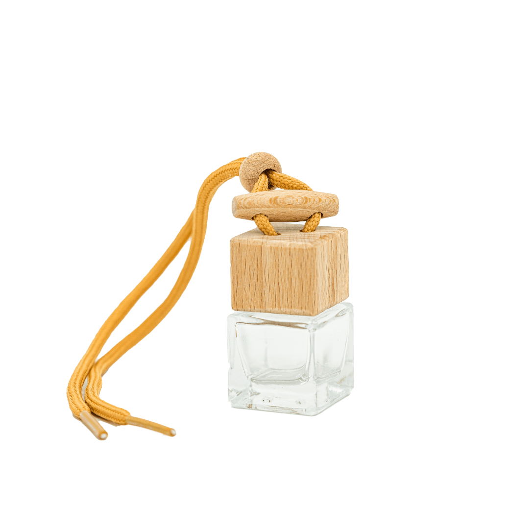 square glass base with square wooden cap and natural rope finish