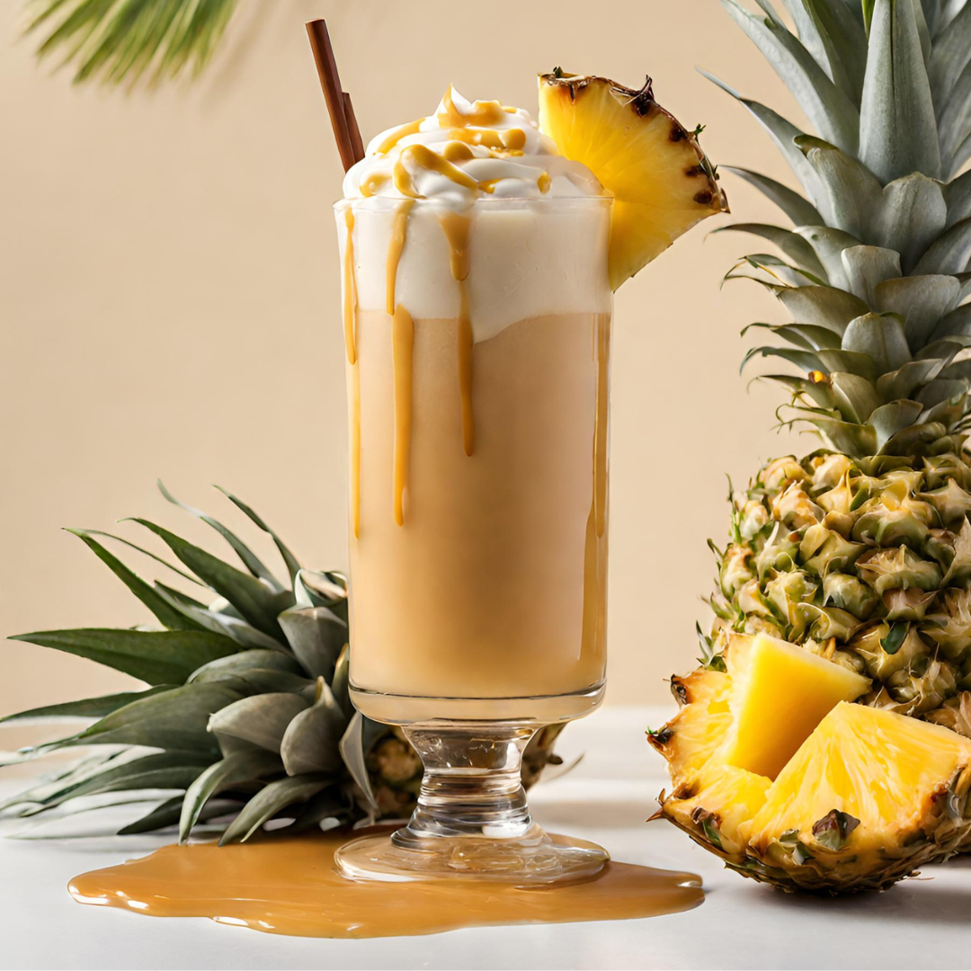 Caramel cocktail topped with cream and drizzled with caramel sauce accompanied by a pineapple wedge on rim of glass