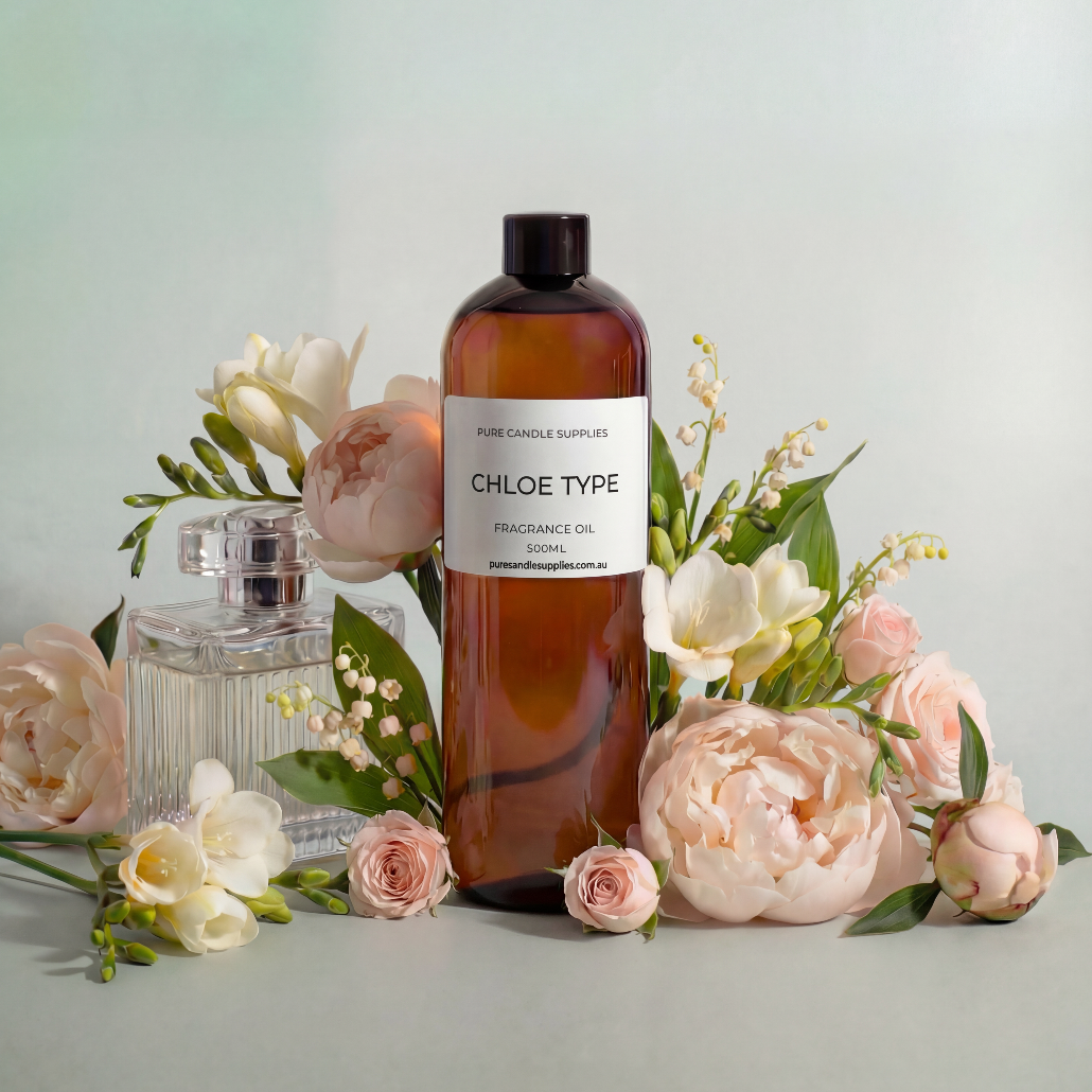 Bottle of Chloe Type perfume surrounded by flowers on a light background
