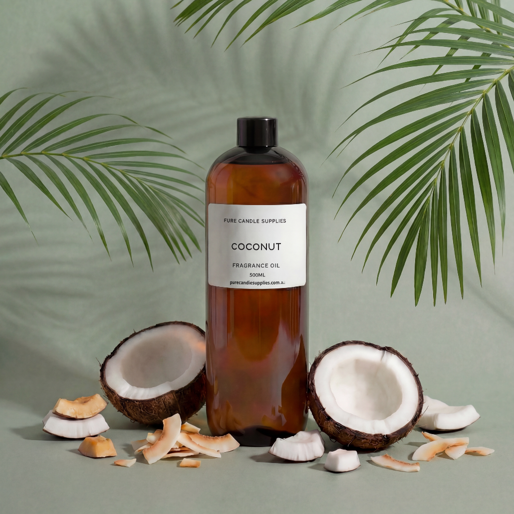 Coconut oil bottle with coconuts and palm leaves on a green background
