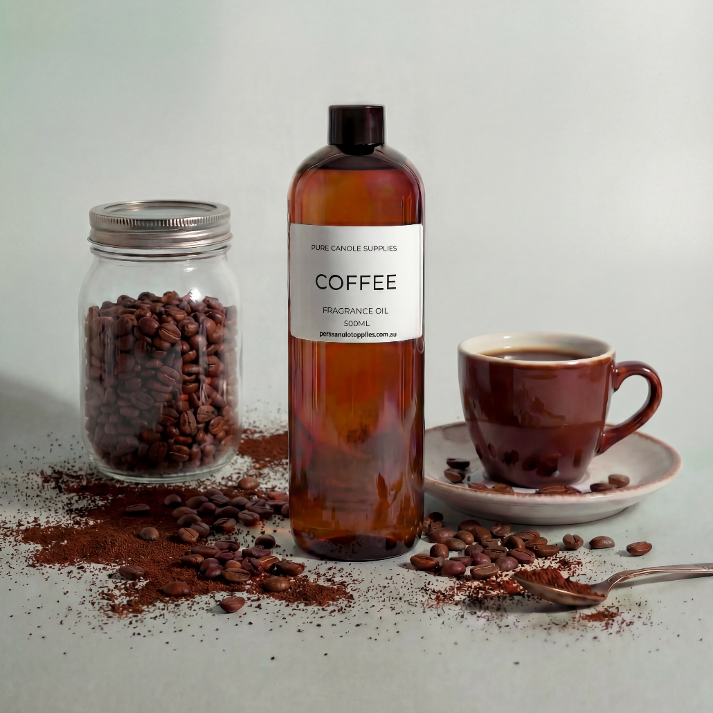 Coffee-flavored product with coffee beans, a bottle, and a cup on a light background