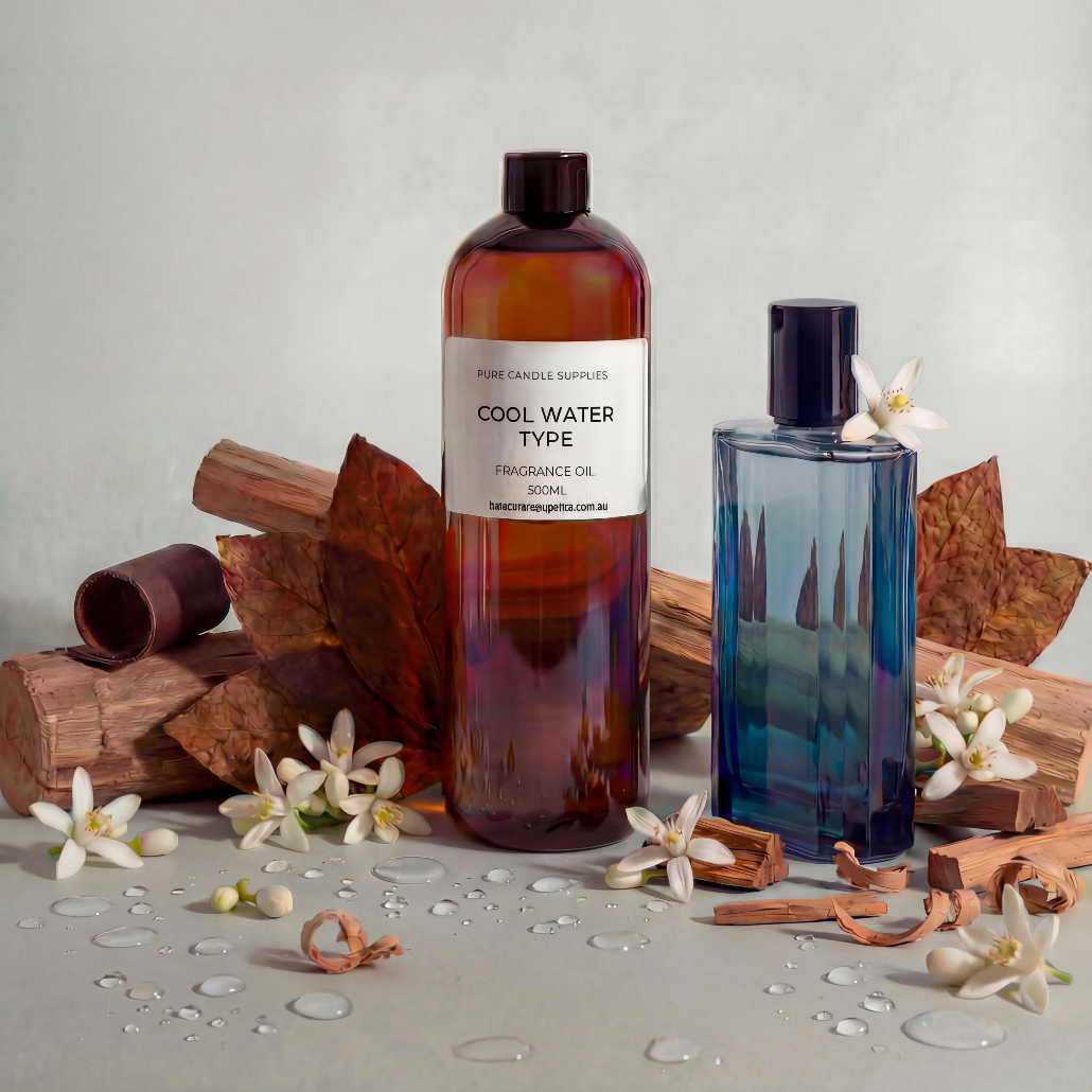 Two perfume bottles with wooden elements and flowers on a light background
