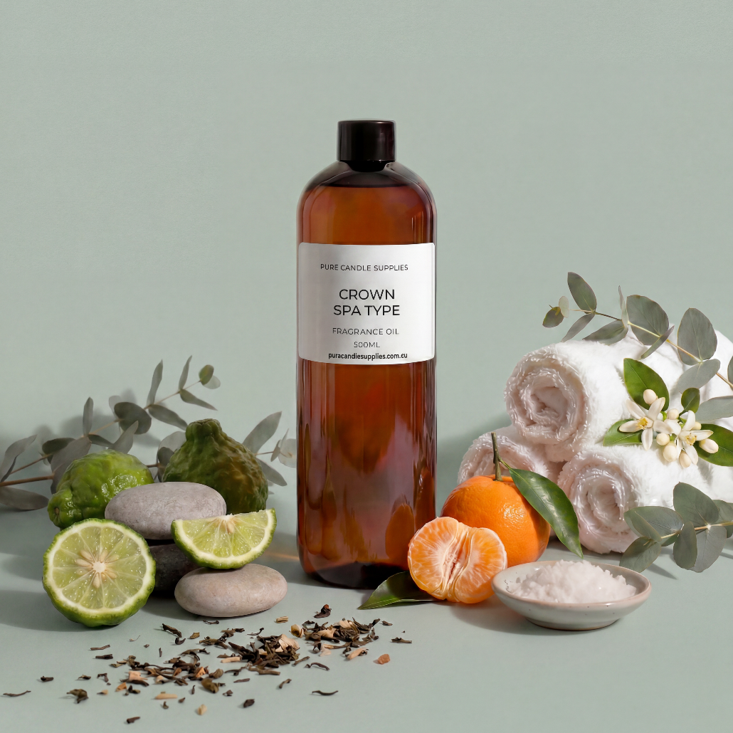 Bottle of Crown Spa Type fragrance oil with spa-related items on a light green background