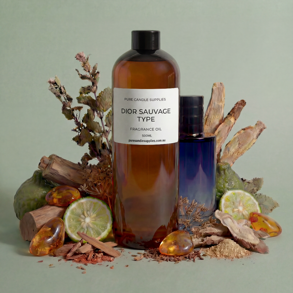 Bottle of Dior Sauvage Type fragrance oil with natural elements on a green background