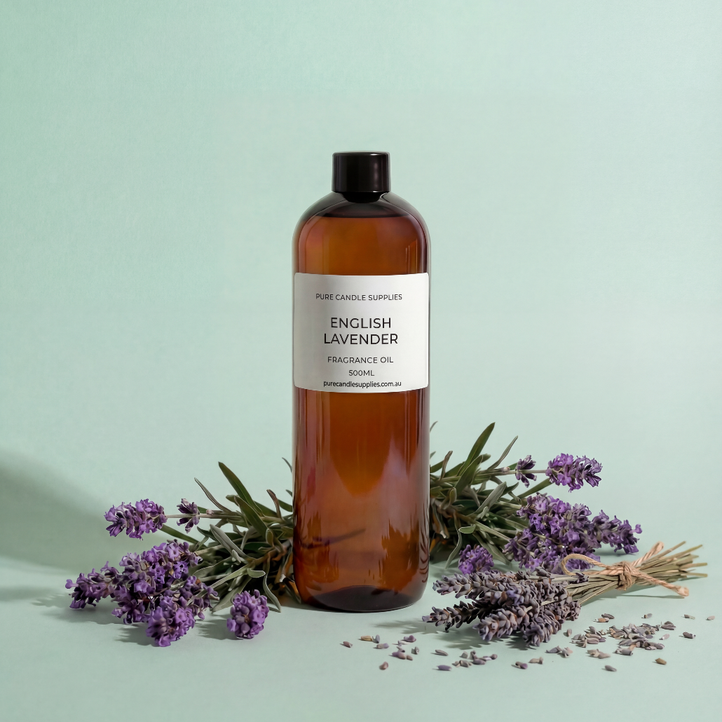 Bottle of English Lavender oil with lavender flowers on a light green background