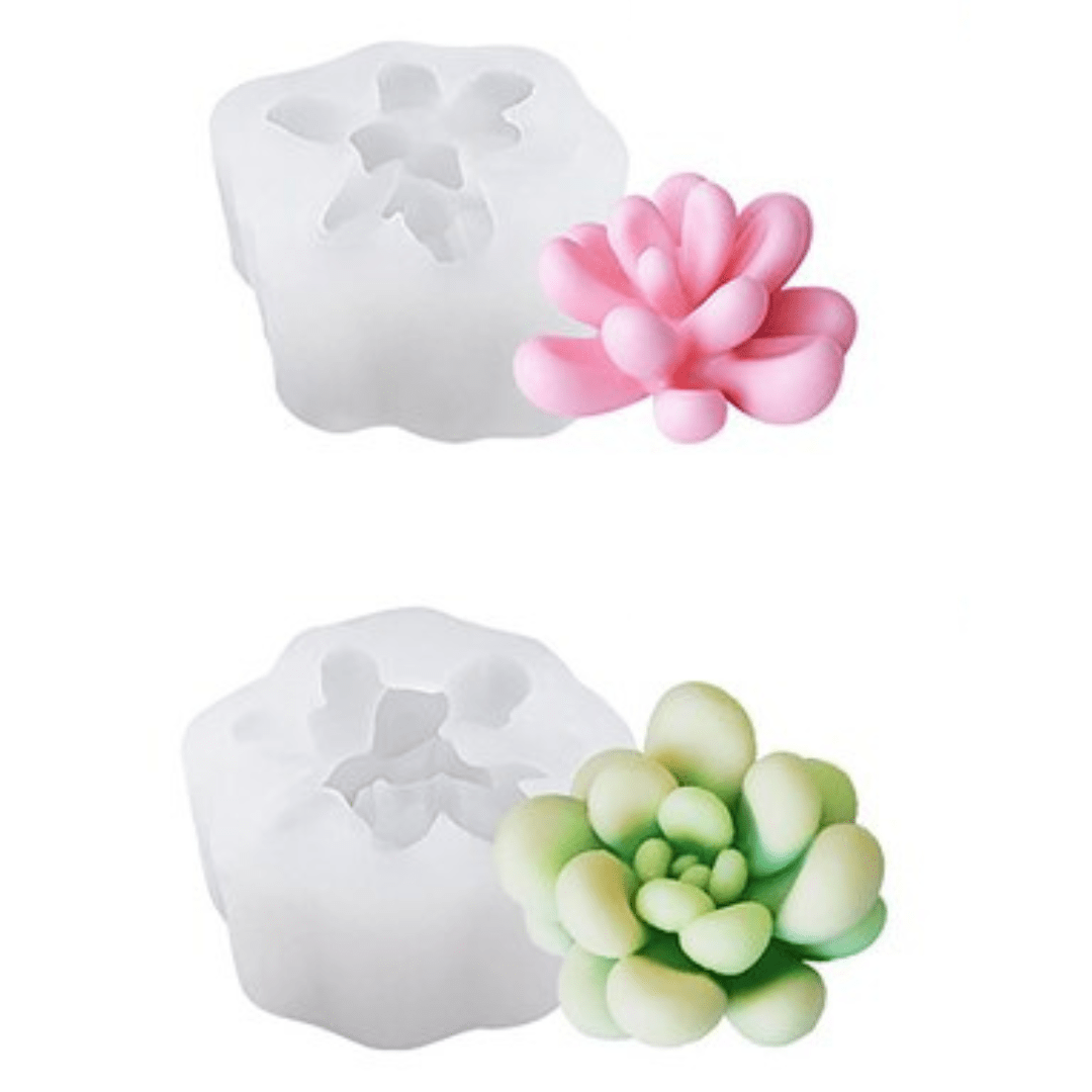 pink flared floral succulent candle in front of silicone mould and green  floral succulent candle in front of silicone mould on white background