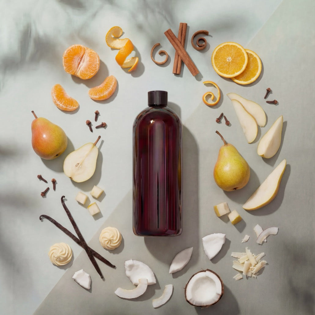Bottle of dark liquid surrounded by fruits, spices, and vanilla beans on a light background