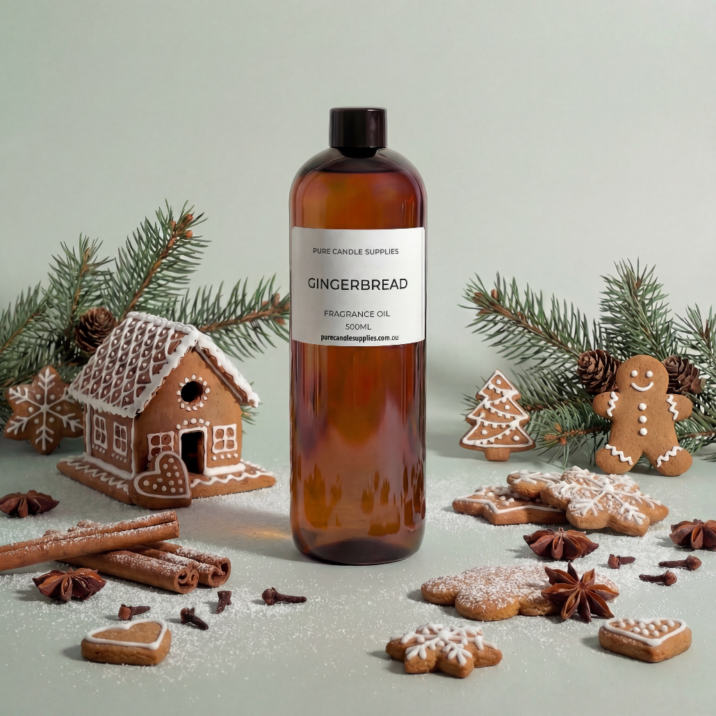 Gingerbread-themed product with a bottle labeled 'Gingerbread' surrounded by decorative cookies and cinnamon sticks on a light background.