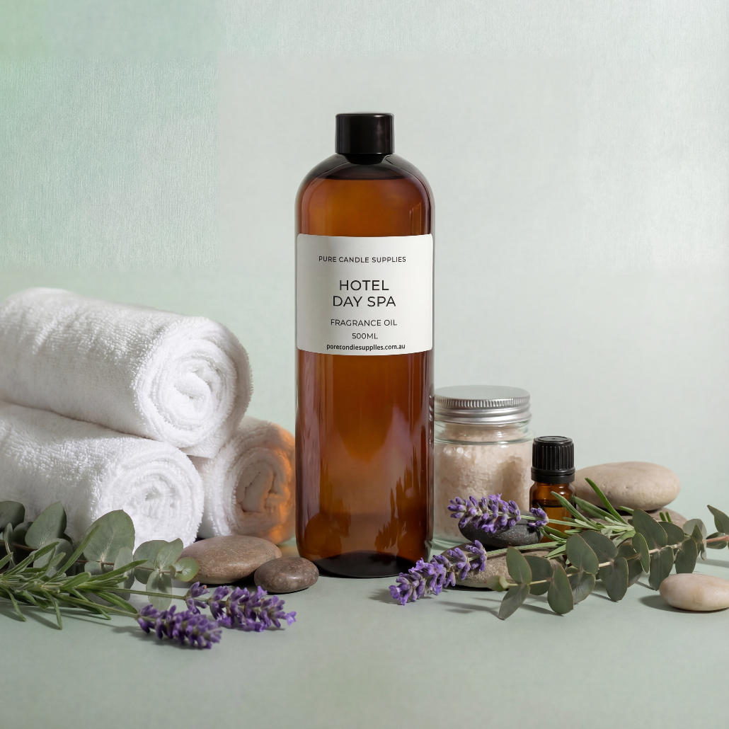 Bottle labeled 'Hotel Day Spa' with towels, stones, and lavender on a light green background