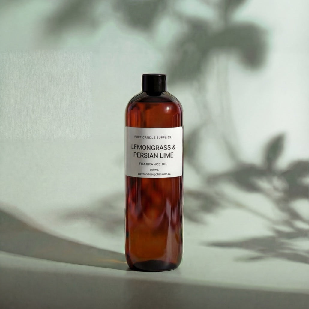 Brown bottle of lemongrass and Persian lime fragrance oil on a light background
