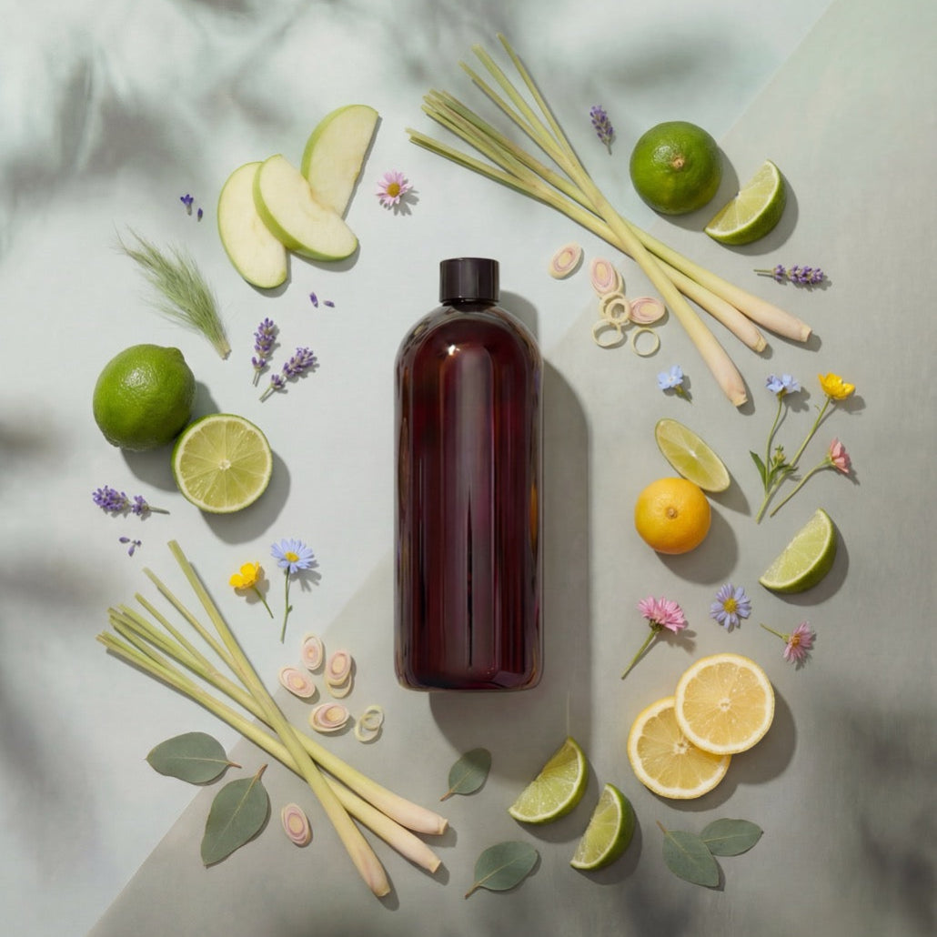 Brown bottle surrounded by limes, lemons, apples, and herbs on a light background
