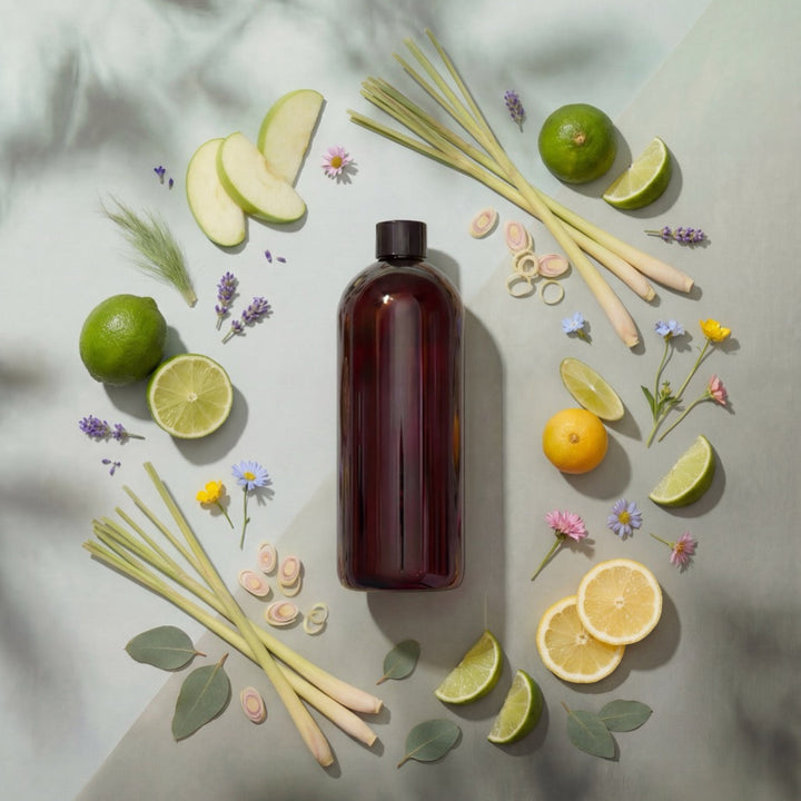 Brown bottle surrounded by limes, lemons, apples, and herbs on a light background
