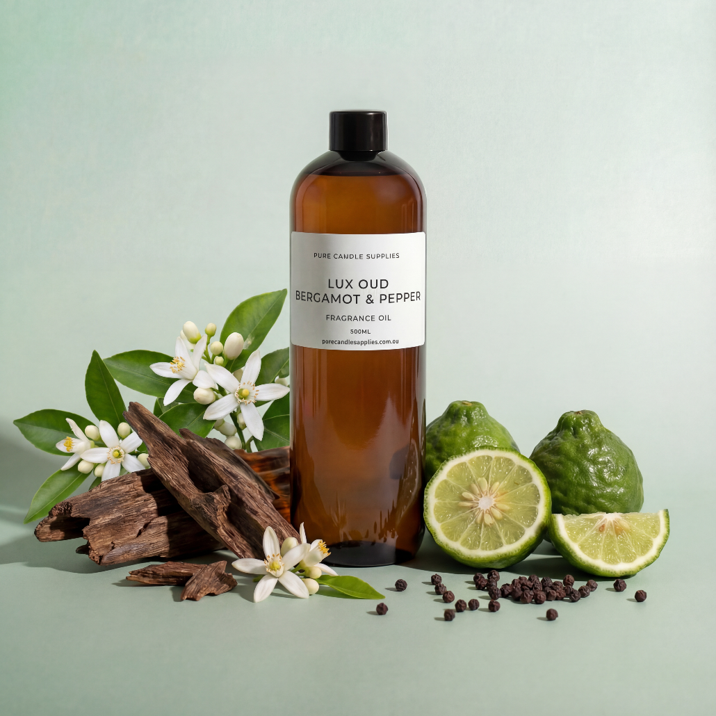 Bottle of Lux Oud Bergamot & Pepper fragrance oil with natural ingredients on a light green background