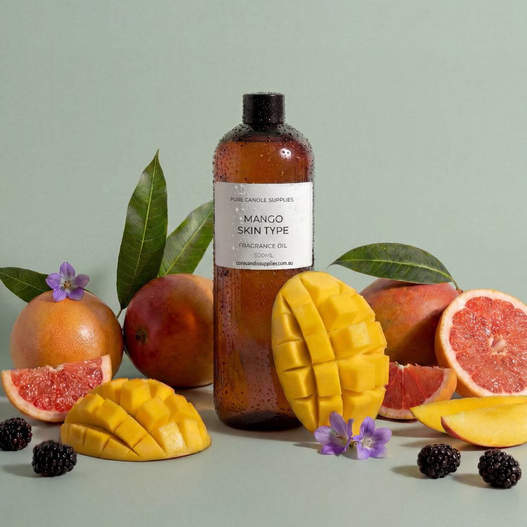 Bottle of mango skin type skincare product with mangoes and other fruits on a light green background