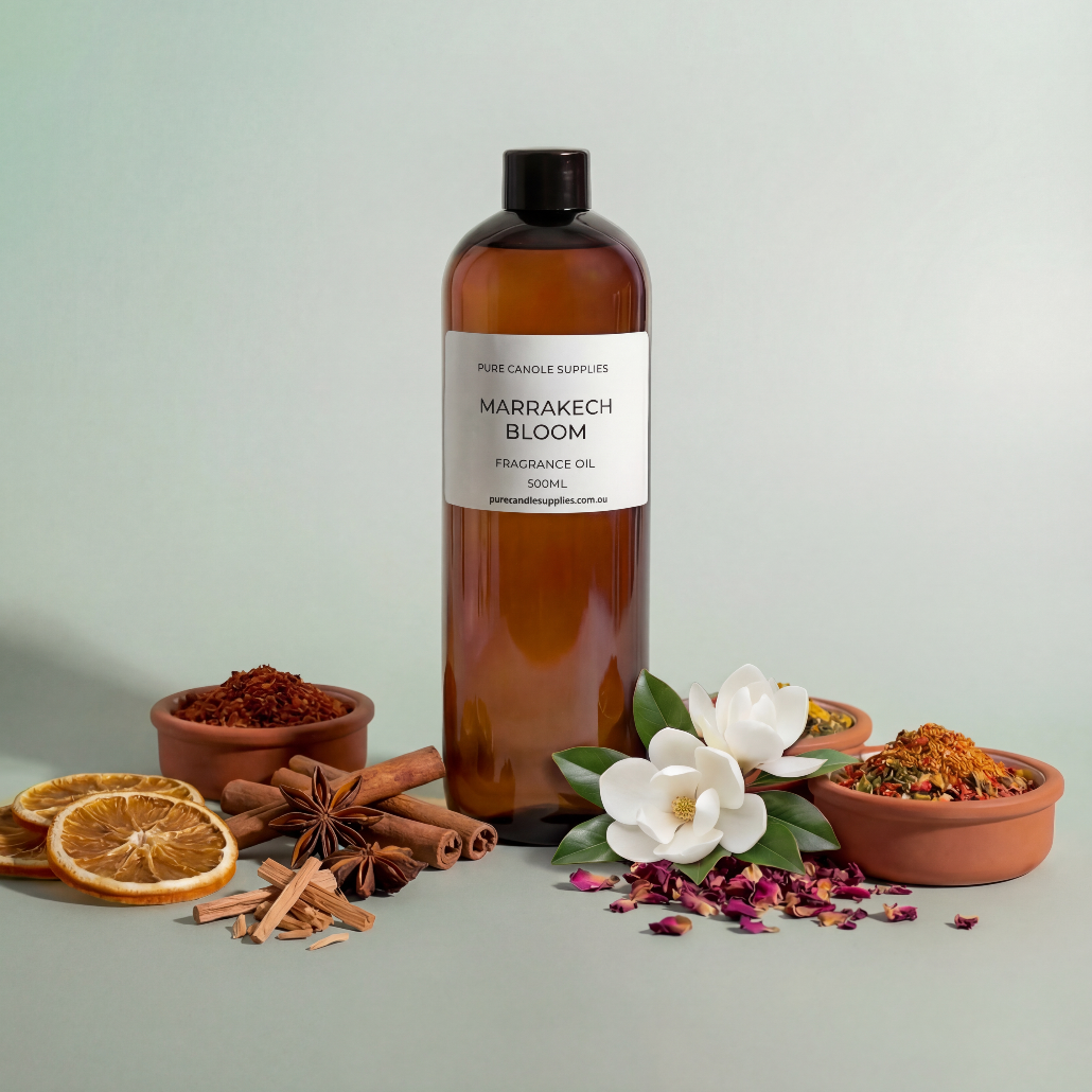 Brown bottle labeled 'Marrakech Bloom' with decorative elements on a light gray background