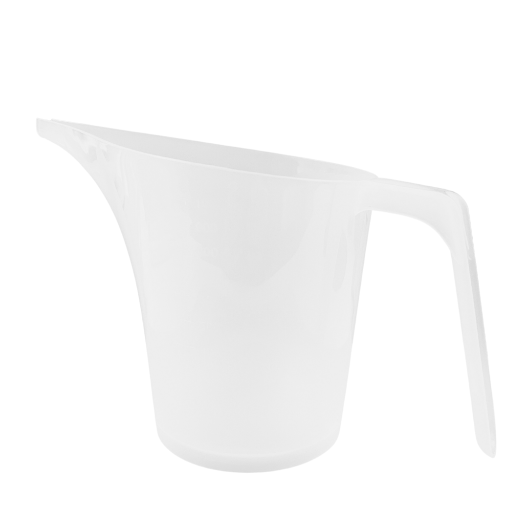 one litre clear plastic jug with long spout and free standing handle