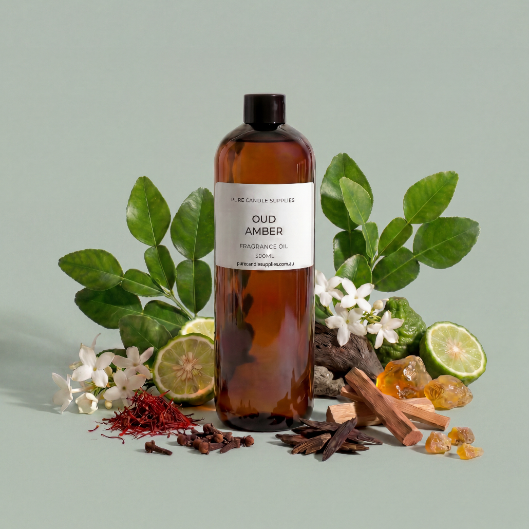 Bottle of oud amber fragrance oil with natural elements on a light green background