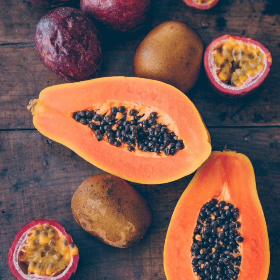 Fresh passionfruits and paw paw fruit
