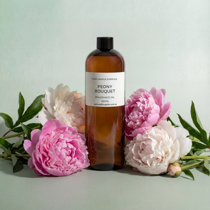 Bottle of Peony Bouquet fragrance oil with pink and white flowers on a light green background