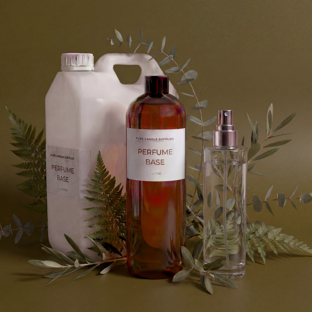 Perfume base bottles with labels and a container on a green background