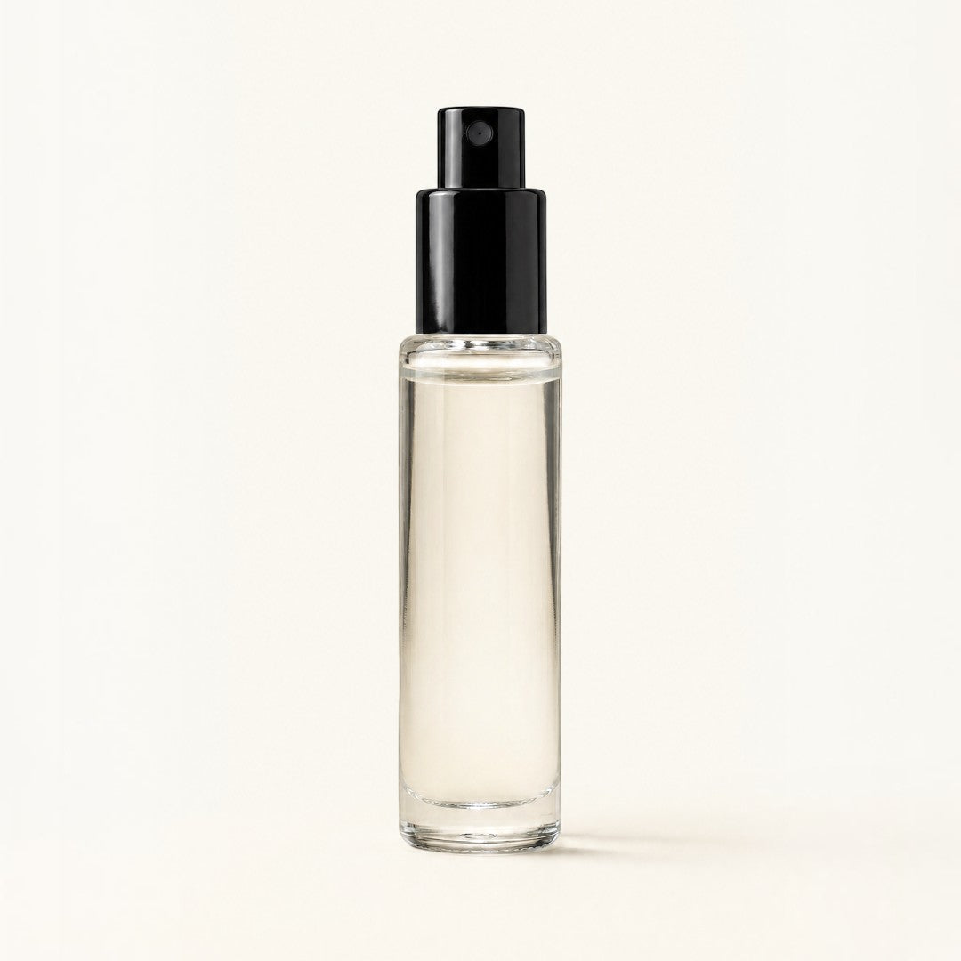 Pure Candle Supplies Melbourne 10ml clear glass cylinder perfume bottle with a black mister spray cap