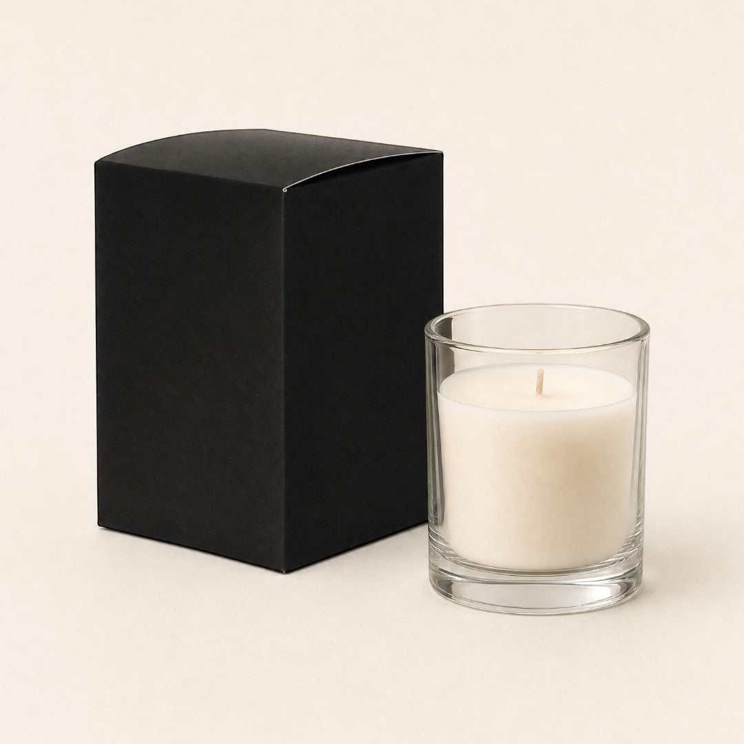 Pure Candle Supplies Melbourne extra large black candle box next to a clear glass candle jar on a neutral background