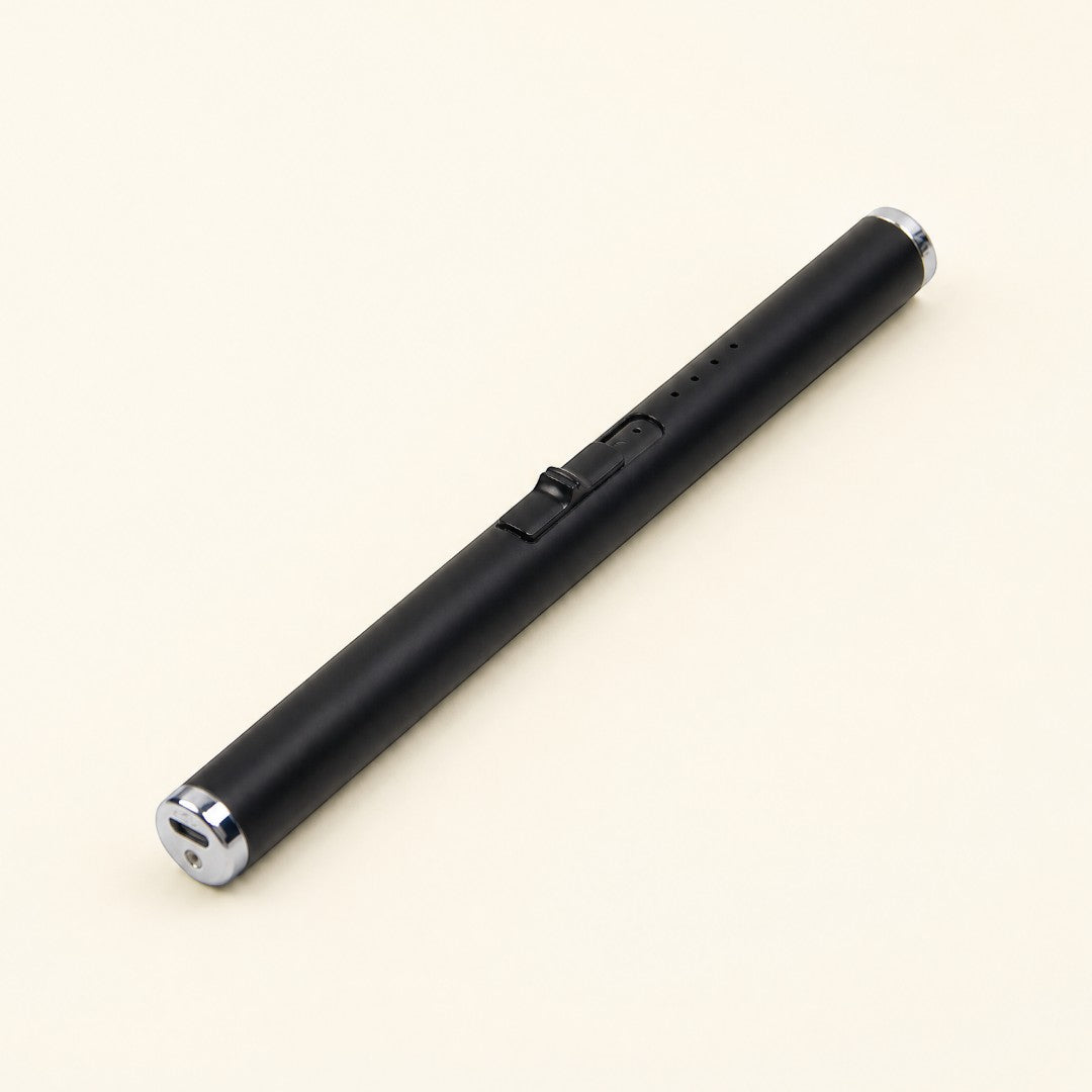 Pure Candle Supplies Melbourne rechargeable black plasma arc USB lighter with a sleek elongated design.