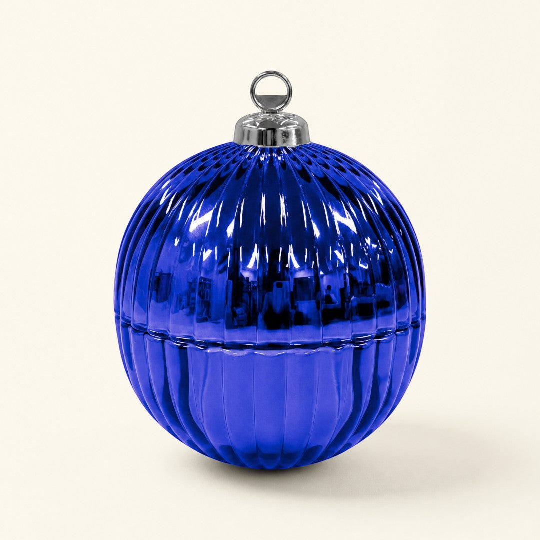 Pure Candle Supplies Melbourne blue mini Christmas bauble candle jar with a reflective ribbed glass finish.