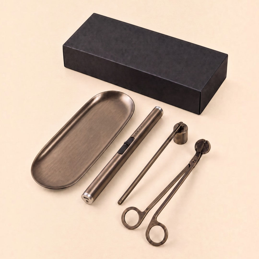 Pure Candle Supplies Melbourne bronze candle care kit with wick trimmer, snuffer, USB lighter, and tray in black box.