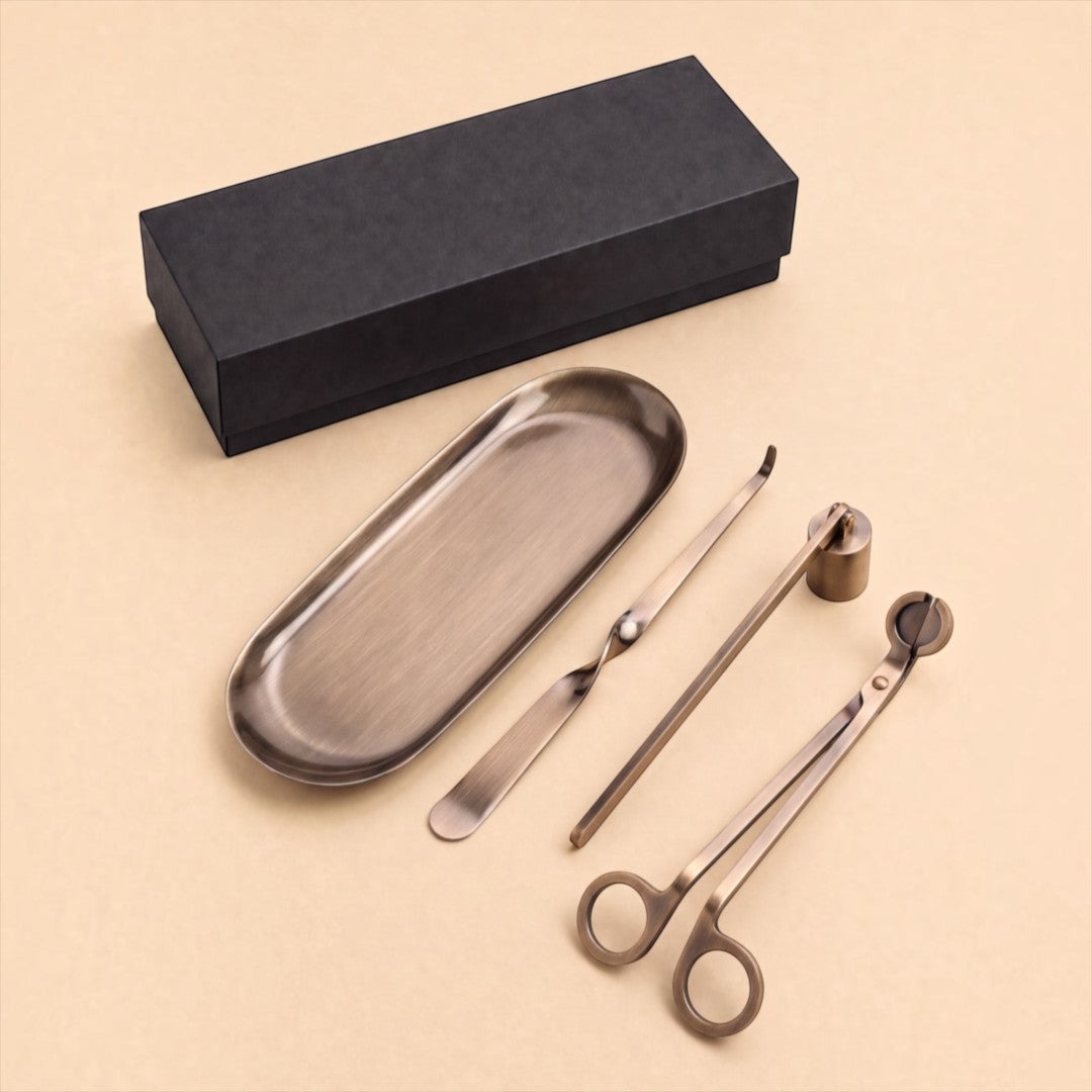 Pure Candle Supplies Melbourne 4-piece bronze candle care kit with wick trimmer, snuffer, dipper, and storage tray.