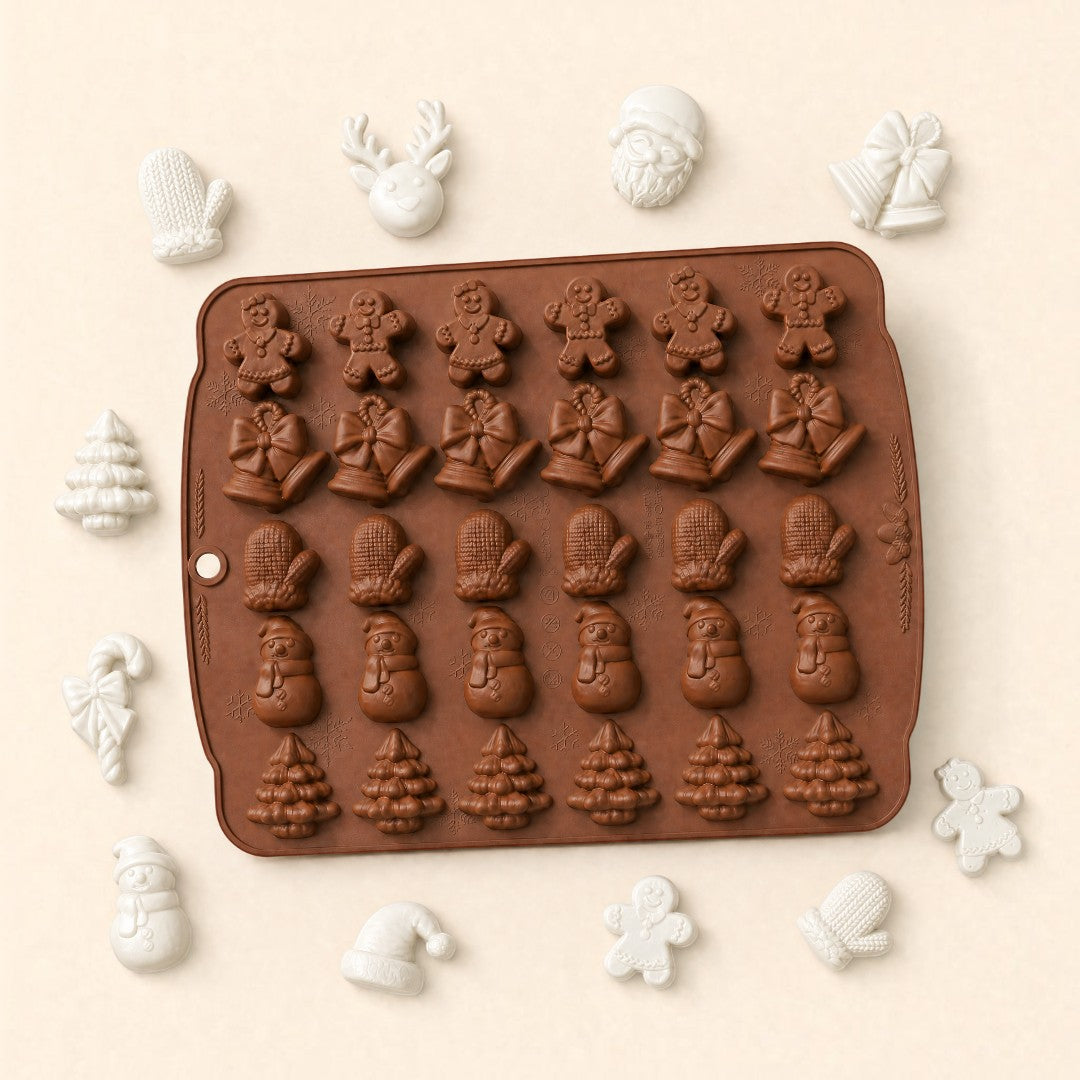 Pure Candle Supplies Melbourne brown silicone Christmas topper mould tray with festive shapes like gingerbread men