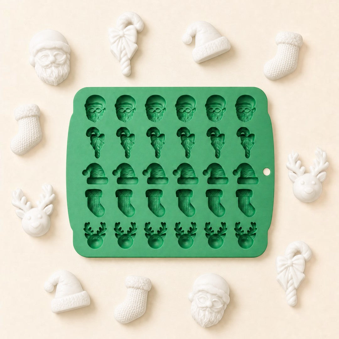 Pure Candle Supplies Melbourne green silicone Christmas candle topper mould tray with festive wax shapes