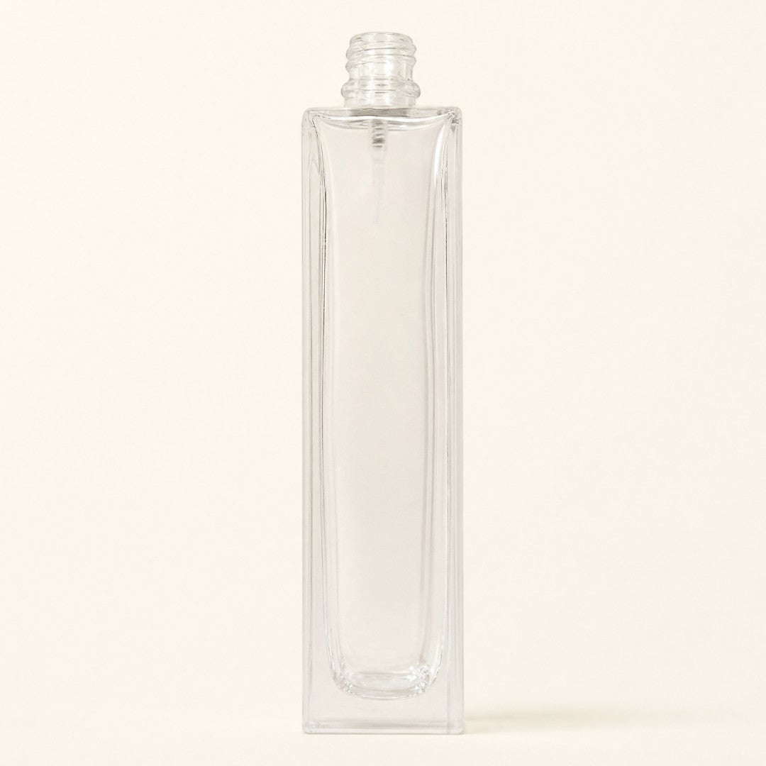 Pure Candle Supplies Melbourne 100ml clear glass rectangular perfume bottle with a threaded neck for mister spray