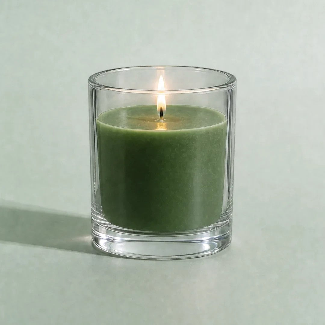 Pure Candle Supplies Melbourne dark green candle dye chip result in a clear glass container with a lit wick
