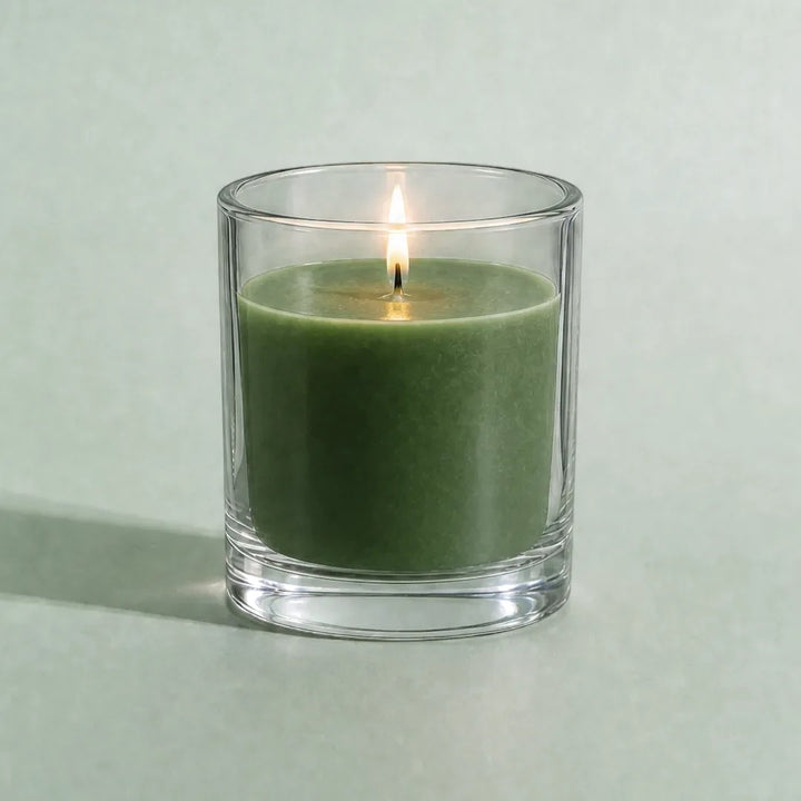 Pure Candle Supplies Melbourne dark green candle dye chip result in a clear glass container with a lit wick