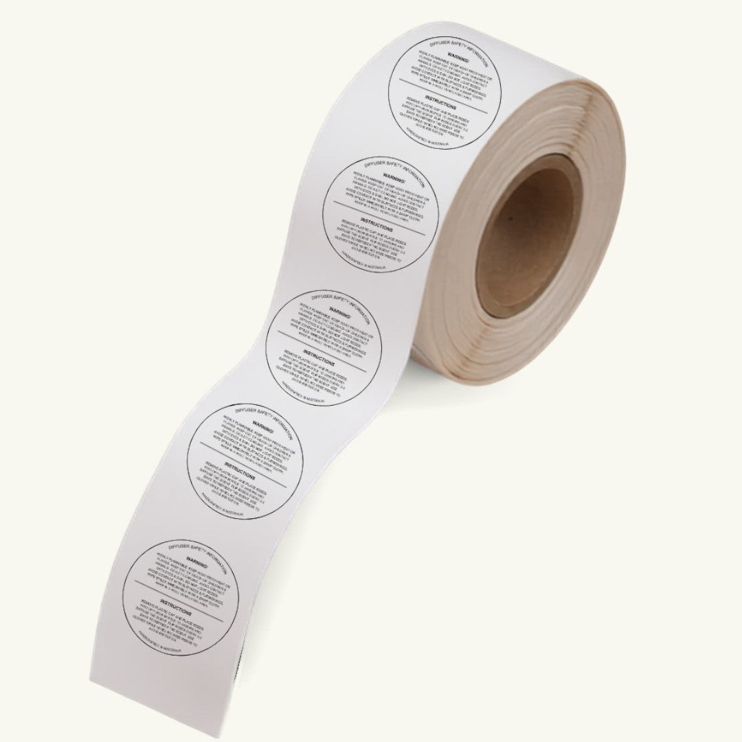 Pure Candle Supplies Melbourne roll of 1000 white circular diffuser safety warning labels for candle making