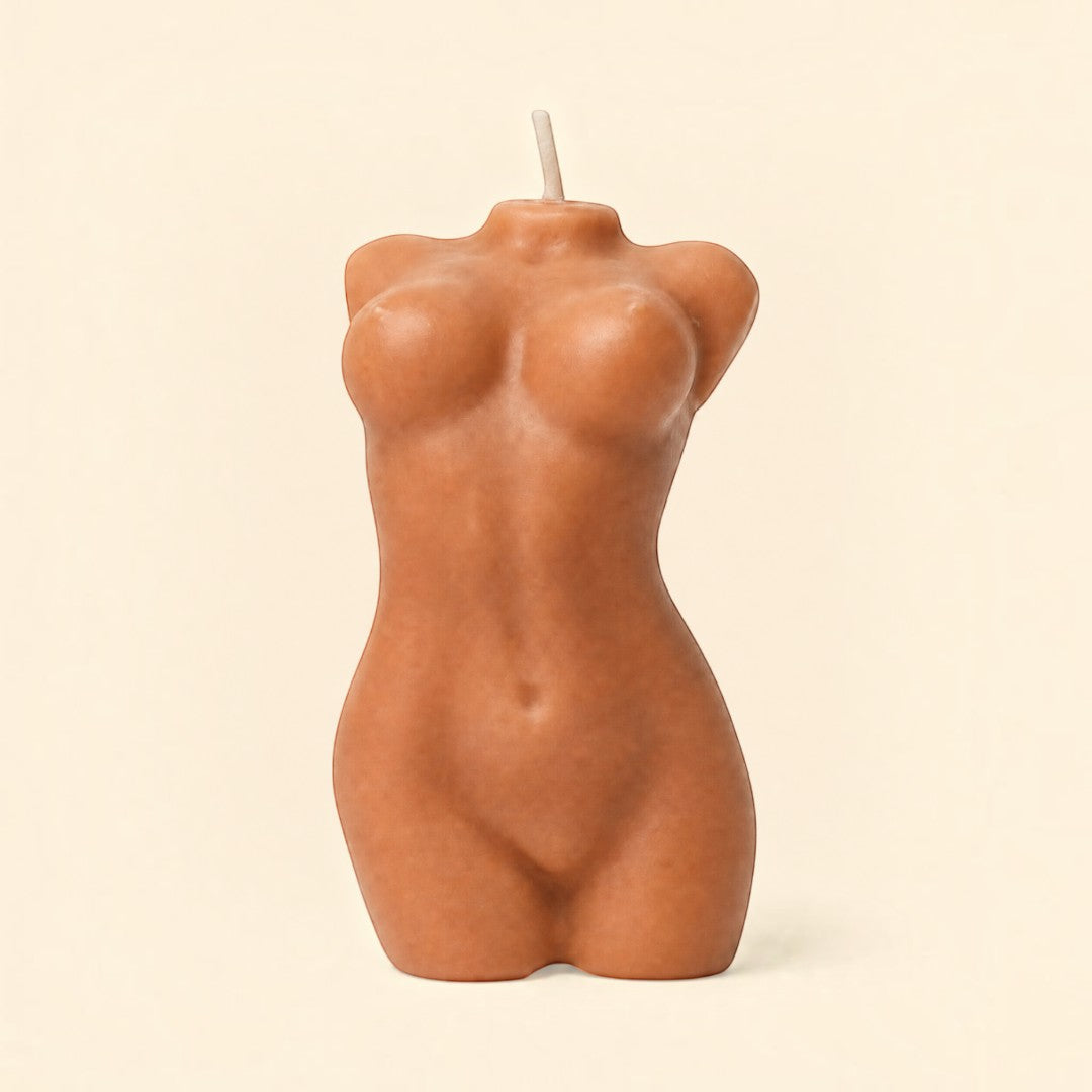 Pure Candle Supplies Melbourne female body candle with a curvy silhouette and arched back in a warm tan colour.