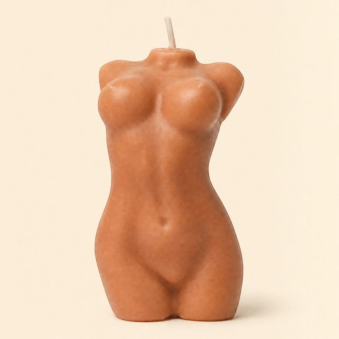 Pure Candle Supplies Melbourne perky female body candle with a tan finish and arched back design