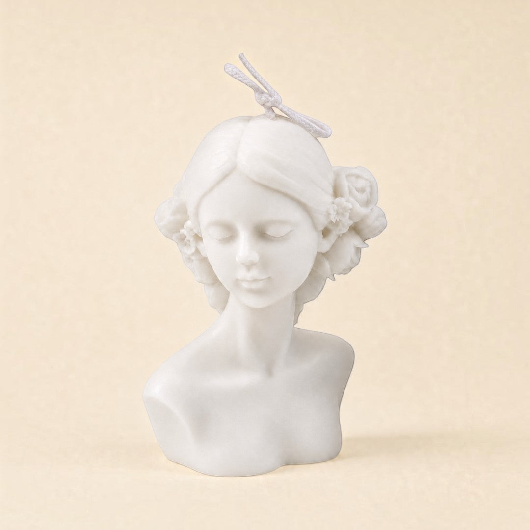 Pure Candle Supplies Melbourne female torso candle with floral crown detail in white wax on a beige background